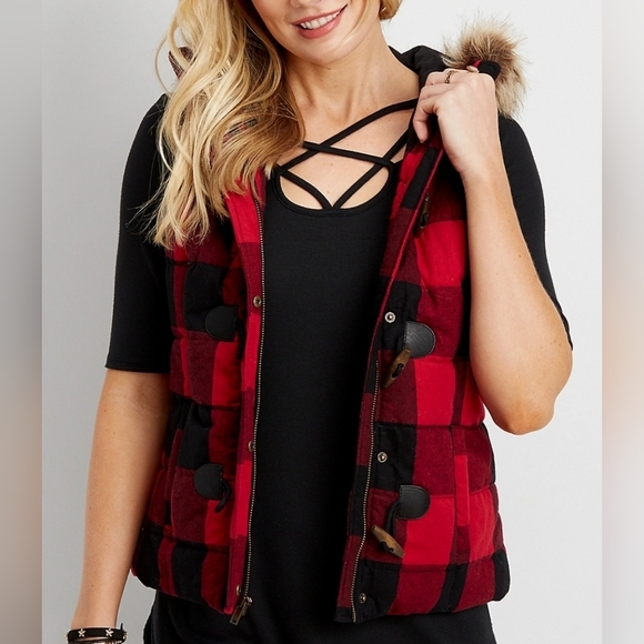 Maurices Jackets & Blazers - MAURICES | Red Black Buffalo Plaid Quilted Puffer Zipper Vest Removable Fur | 2X
